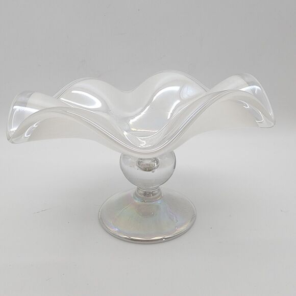 Vintage Murano Footed Bowl Wavy Edge White Iridescent Pedestal Compote Sticker - Picture 1 of 16